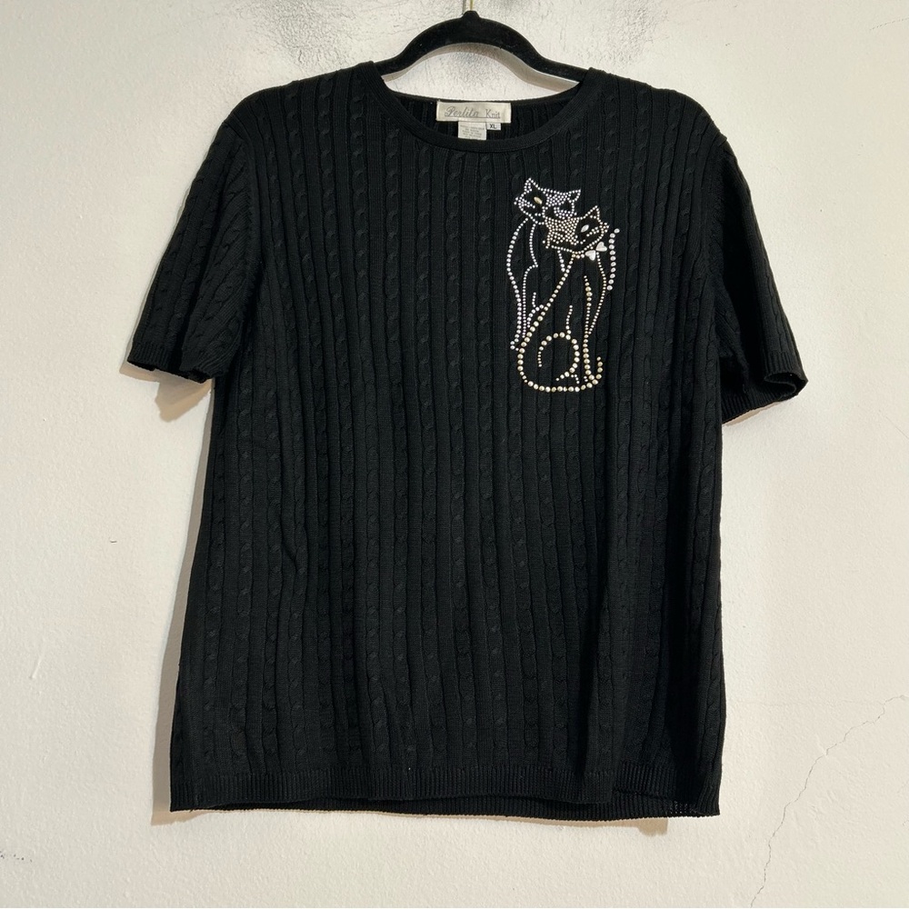 Perlita Knit Cable Knit Spun Silk Studded Cats Short Sleeve Sweater Grandmacore